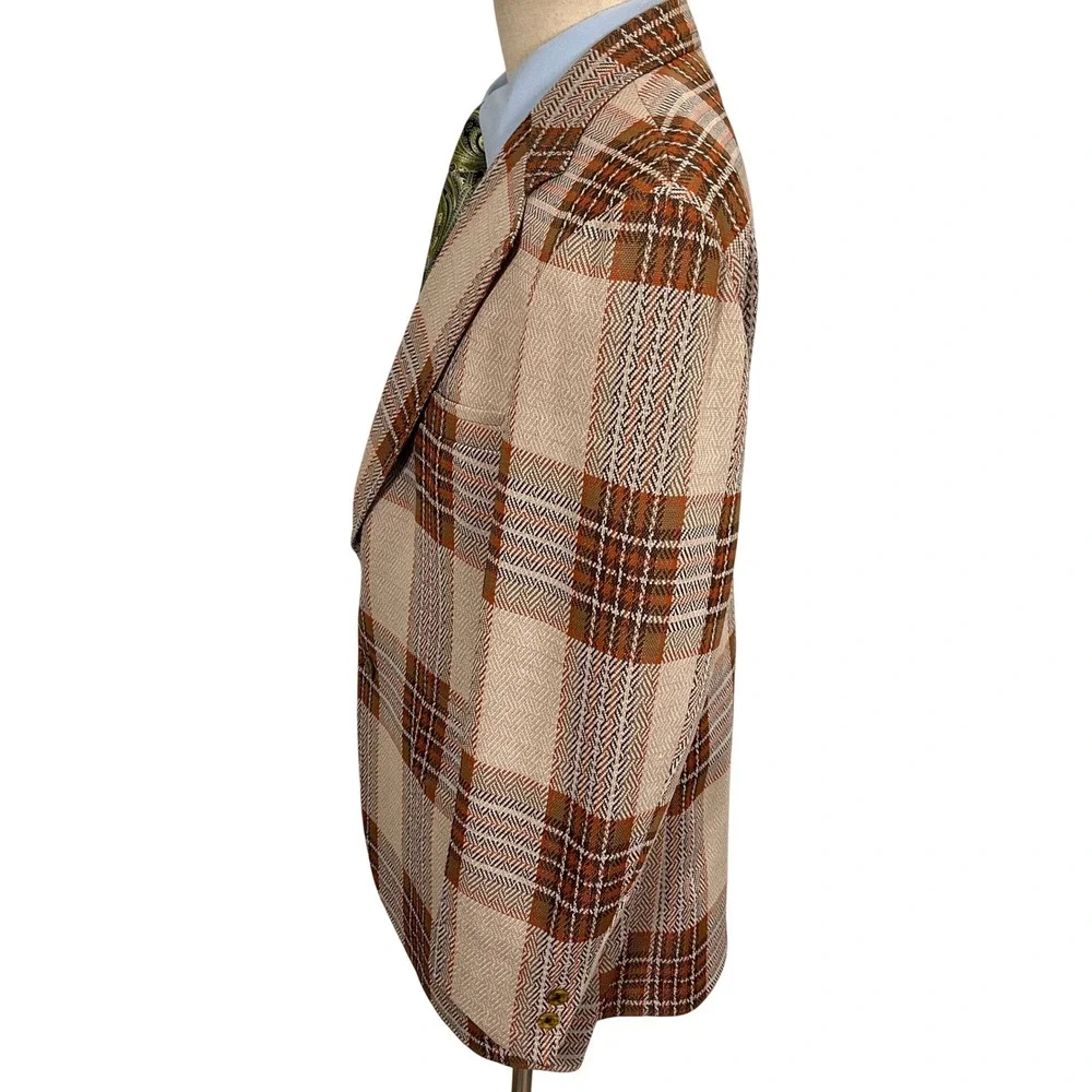 Hart Schaffner Marx Blazer Mens 42R Beige Blanket‎ Plaid Escadrille Wool VTG